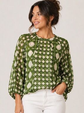Misa Los Angeles Green Cream Printed Blouse XS Boho Balloon Sleeve Top